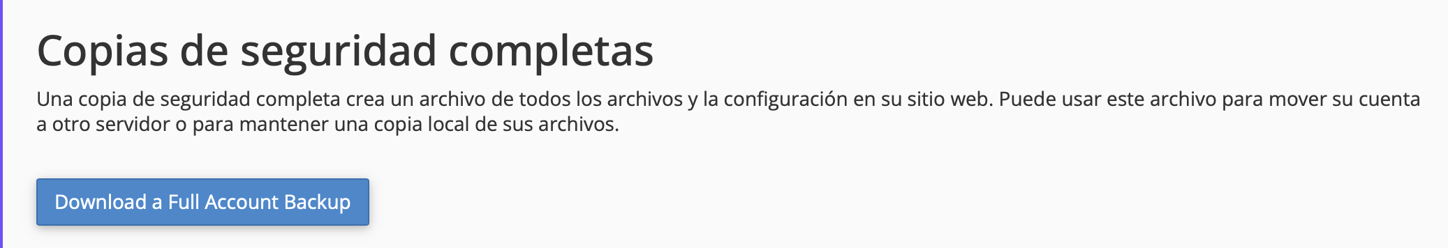 Captura de pantalla de cPanel mostrando Copias de seguridad completas